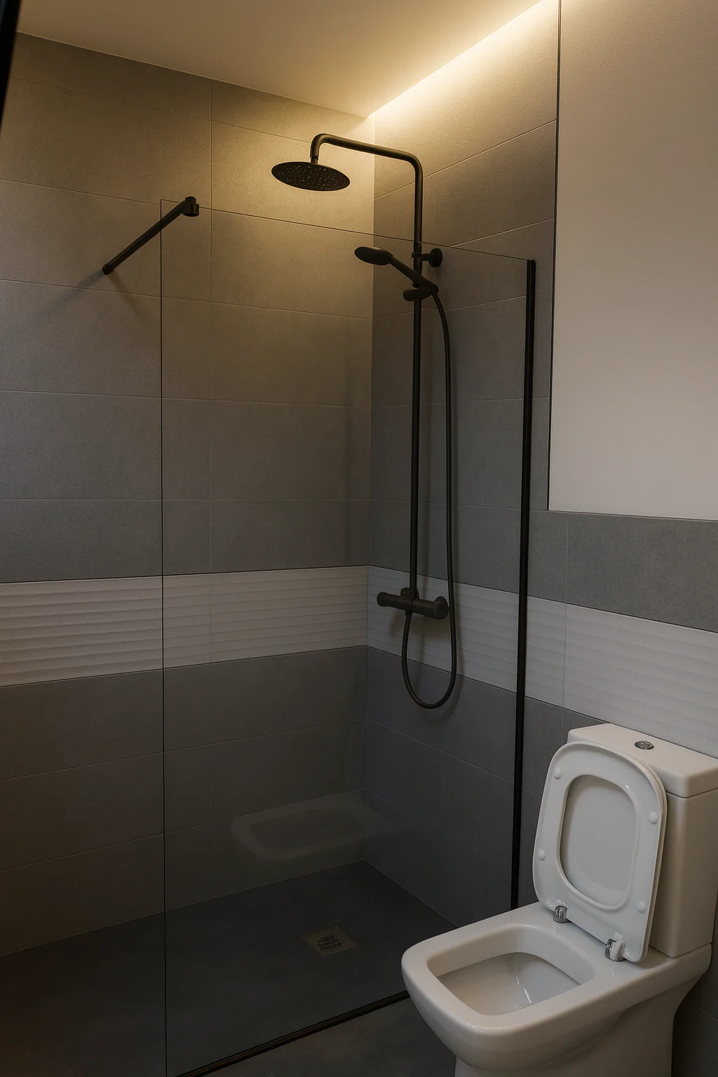 Baño en proceso de reforma con mueble de madera, lavabo sobre encimera, ducha con efecto lluvia y revestimientos cerámicos tipo madera. Foto propiedad de Vigasa